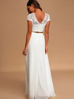 Two-piece wedding dress Chiffon Jewel Neck Two-piece Floor-Length Zipper Short Sleeves