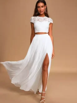 Two-piece wedding dress Chiffon Jewel Neck Two-piece Floor-Length Zipper Short Sleeves