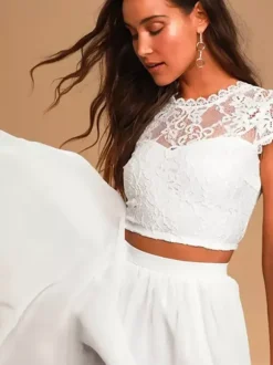 Two-piece wedding dress Chiffon Jewel Neck Two-piece Floor-Length Zipper Short Sleeves