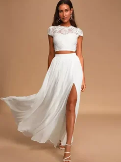 Two-piece wedding dress Chiffon Jewel Neck Two-piece Floor-Length Zipper Short Sleeves