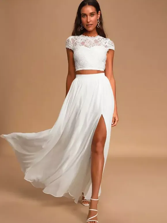 Two-piece wedding dress Chiffon Jewel Neck Two-piece Floor-Length Zipper Short Sleeves