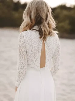 Two-piece wedding dress Chiffon Jewel Neck A-Line With Train Wedding Dress Functional Buttons Long Sleeves