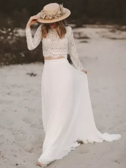 Two-piece wedding dress Chiffon Jewel Neck A-Line With Train Wedding Dress Functional Buttons Long Sleeves