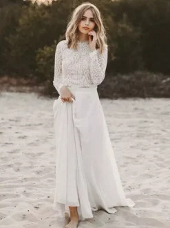 Two-piece wedding dress Chiffon Jewel Neck A-Line With Train Wedding Dress Functional Buttons Long Sleeves