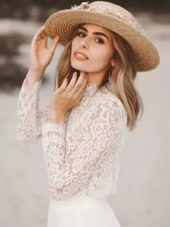 Two-piece wedding dress Chiffon Jewel Neck A-Line With Train Wedding Dress Functional Buttons Long Sleeves