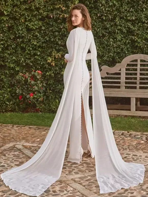 Two-piece wedding dress Chiffon V-Neck Mermaid With Train Wedding Dress Functional Buttons Long Sleeves Long