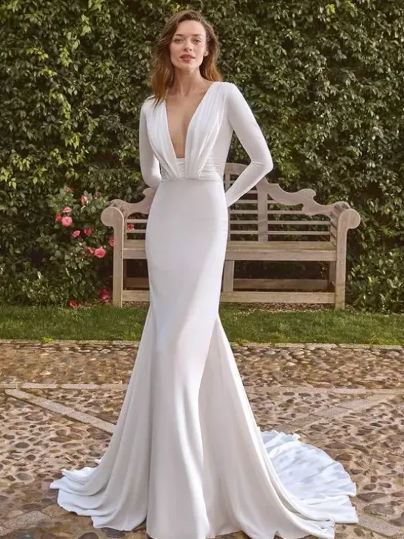 Two-piece wedding dress Chiffon V-Neck Mermaid With Train Wedding Dress Functional Buttons Long Sleeves Long