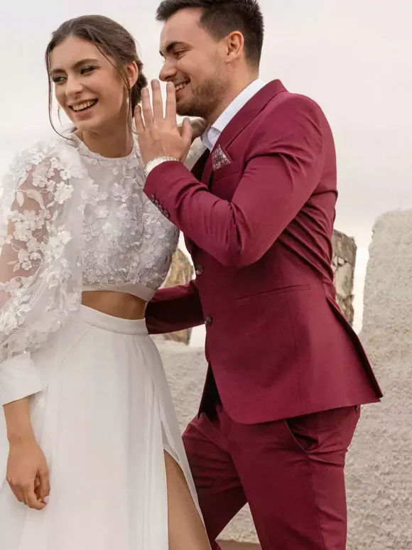 Two-piece wedding dress Chiffon Jewel Neck Two-piece With Train Wedding Dress Functional Buttons Long Sleeves Long