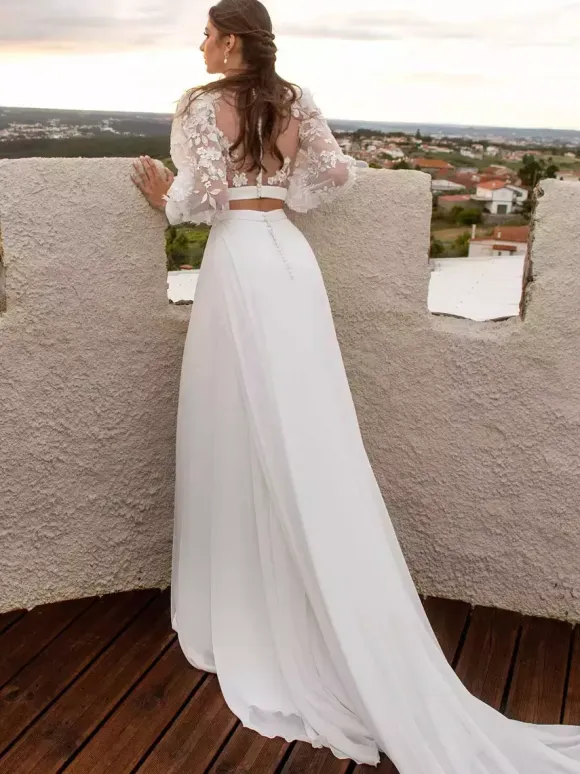 Two-piece wedding dress Chiffon Jewel Neck Two-piece With Train Wedding Dress Functional Buttons Long Sleeves Long