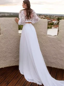 Two-piece wedding dress Chiffon Jewel Neck Two-piece With Train Wedding Dress Functional Buttons Long Sleeves Long