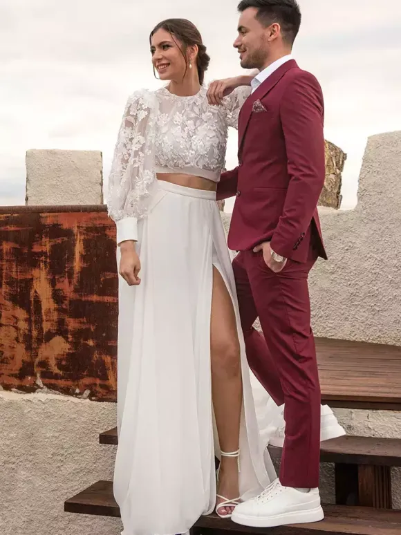 Two-piece wedding dress Chiffon Jewel Neck Two-piece With Train Wedding Dress Functional Buttons Long Sleeves Long