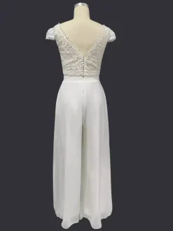 Two-piece wedding dress Chiffon V-Neck Two-piece Floor-Length Backless Short Sleeves