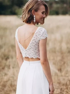 Two-piece wedding dress Chiffon V-Neck A-Line Floor-Length Backless Short Sleeves