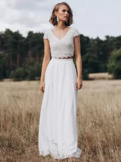 Two-piece wedding dress Chiffon V-Neck A-Line Floor-Length Backless Short Sleeves
