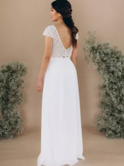Two-piece wedding dress Chiffon V-Neck A-Line Floor-Length Backless Short Sleeves