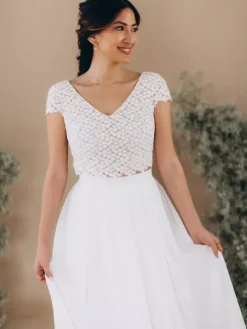 Two-piece wedding dress Chiffon V-Neck A-Line Floor-Length Backless Short Sleeves