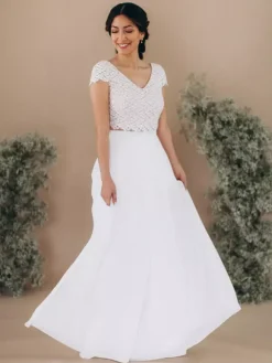 Two-piece wedding dress Chiffon V-Neck A-Line Floor-Length Backless Short Sleeves