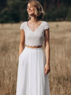 Two-piece wedding dress Chiffon V-Neck A-Line Floor-Length Backless Short Sleeves