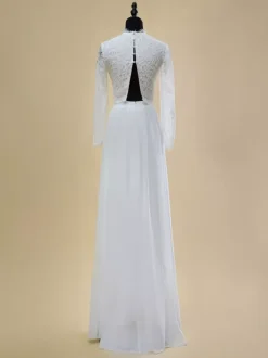 Two-piece wedding dress Chiffon Jewel Neck Two-piece With Train Wedding Dress Functional Buttons Long Sleeves Long