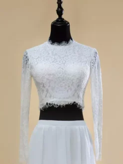 Two-piece wedding dress Chiffon Jewel Neck Two-piece With Train Wedding Dress Functional Buttons Long Sleeves Long