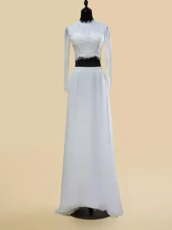 Two-piece wedding dress Chiffon Jewel Neck Two-piece With Train Wedding Dress Functional Buttons Long Sleeves Long
