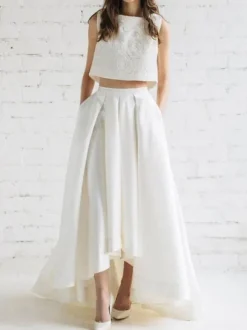 Two-piece wedding dress Engagement Party Dresses Satin Fabric Jewel Neck Two-piece With Train Backless Sleeveless Long