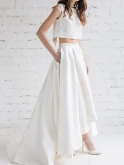 Two-piece wedding dress Engagement Party Dresses Satin Fabric Jewel Neck Two-piece With Train Backless Sleeveless Long