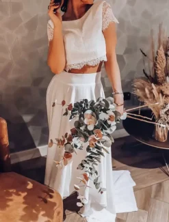 Two-piece wedding dress Lace Jewel Neck A-Line Backless Short Sleeves