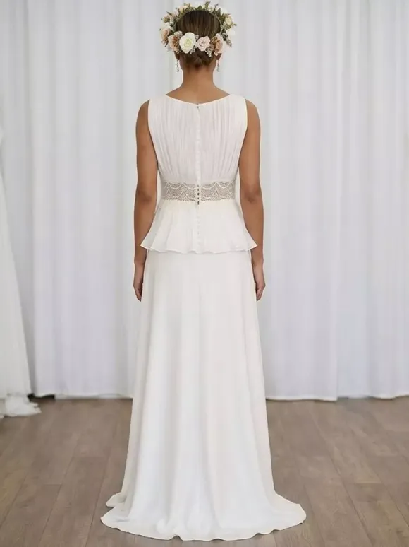 Two-piece Wedding Dress Lace V-Neck Two-piece With Train Wedding Dress Functional Buttons Sleeveless Long