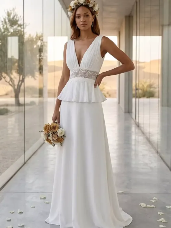 Two-piece Wedding Dress Lace V-Neck Two-piece With Train Wedding Dress Functional Buttons Sleeveless Long