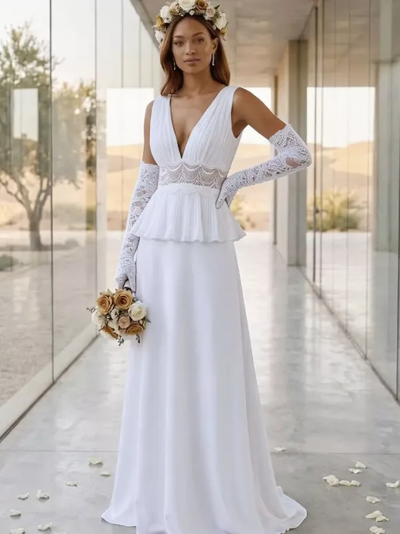 Two-piece Wedding Dress Lace V-Neck Two-piece With Train Wedding Dress Functional Buttons Sleeveless Long