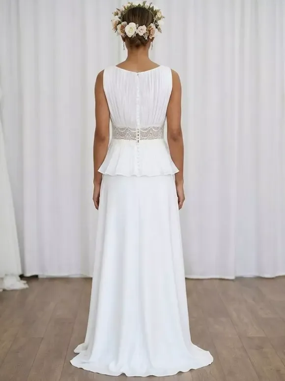 Two-piece Wedding Dress Lace V-Neck Two-piece With Train Wedding Dress Functional Buttons Sleeveless Long