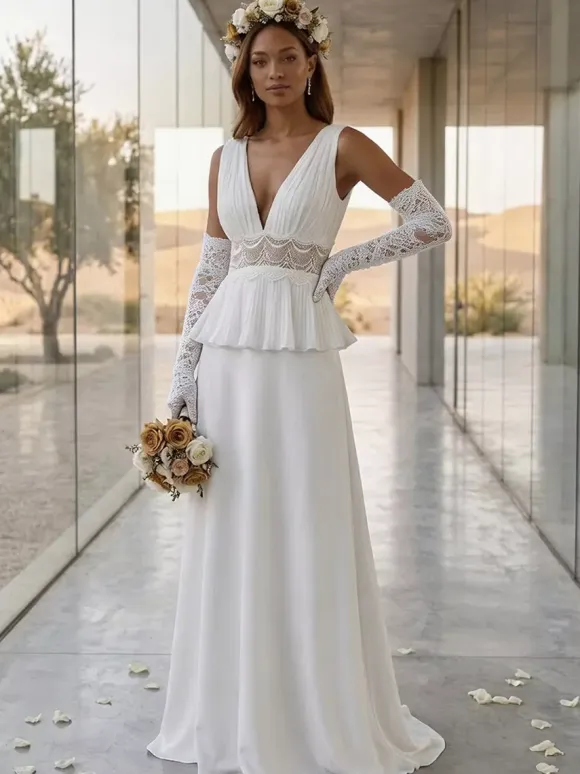 Two-piece Wedding Dress Lace V-Neck Two-piece With Train Wedding Dress Functional Buttons Sleeveless Long