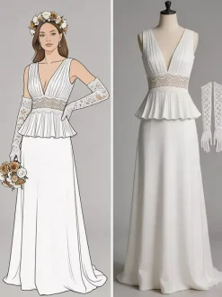 Two-piece Wedding Dress Lace V-Neck Two-piece With Train Wedding Dress Functional Buttons Sleeveless Long