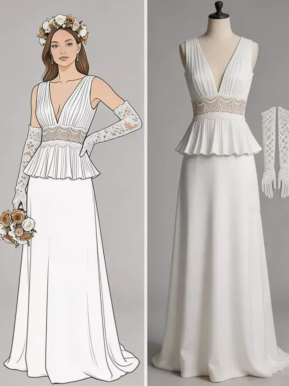 Two-piece Wedding Dress Lace V-Neck Two-piece With Train Wedding Dress Functional Buttons Sleeveless Long