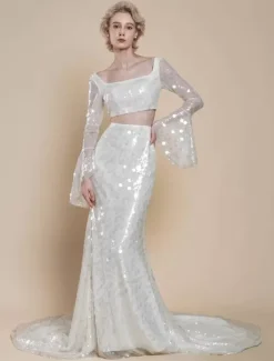 Two-piece wedding dress Luxury Wedding Dresses Sequined Square Neck Mermaid With Train Zipper Long Sleeves Long