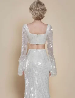 Two-piece wedding dress Luxury Wedding Dresses Sequined Square Neck Mermaid With Train Zipper Long Sleeves Long