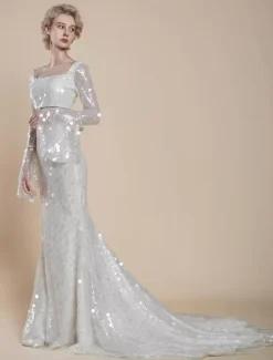 Two-piece wedding dress Luxury Wedding Dresses Sequined Square Neck Mermaid With Train Zipper Long Sleeves Long