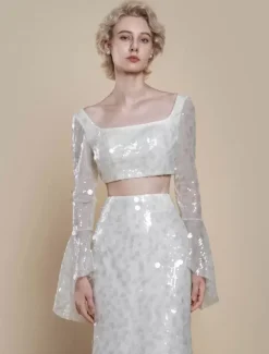 Two-piece wedding dress Luxury Wedding Dresses Sequined Square Neck Mermaid With Train Zipper Long Sleeves Long