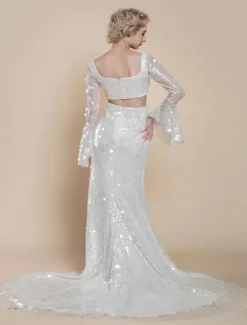 Two-piece wedding dress Luxury Wedding Dresses Sequined Square Neck Mermaid With Train Zipper Long Sleeves Long