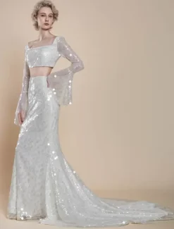 Two-piece wedding dress Luxury Wedding Dresses Sequined Square Neck Mermaid With Train Zipper Long Sleeves Long