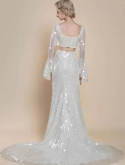 Two-piece wedding dress Luxury Wedding Dresses Sequined Square Neck Mermaid With Train Zipper Long Sleeves Long