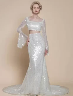 Two-piece wedding dress Luxury Wedding Dresses Sequined Square Neck Mermaid With Train Zipper Long Sleeves Long