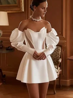 Two-piece wedding dress Satin Fabric Designed Neckline A-Line With Train Zipper 3/4 Length Sleeves Long