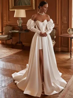 Two-piece wedding dress Satin Fabric Designed Neckline A-Line With Train Zipper 3/4 Length Sleeves Long