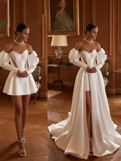 Two-piece wedding dress Satin Fabric Designed Neckline A-Line With Train Zipper 3/4 Length Sleeves Long