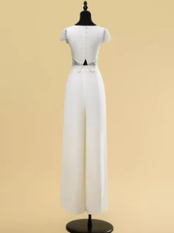 Two-piece wedding dress Satin Fabric Jewel Neck Two-piece Floor-Length Wedding Dress Functional Buttons Short Sleeves Floor Length