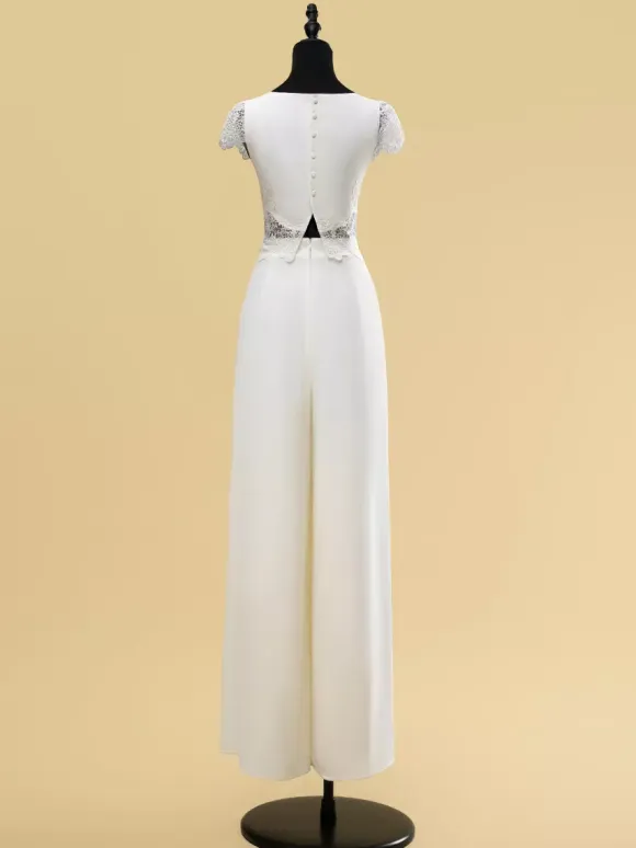Two-piece wedding dress Satin Fabric Jewel Neck Two-piece Floor-Length Wedding Dress Functional Buttons Short Sleeves Floor Length