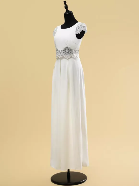 Two-piece wedding dress Satin Fabric Jewel Neck Two-piece Floor-Length Wedding Dress Functional Buttons Short Sleeves Floor Length