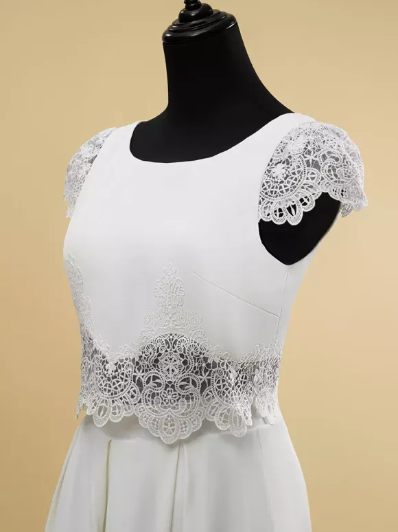 Two-piece wedding dress Satin Fabric Jewel Neck Two-piece Floor-Length Wedding Dress Functional Buttons Short Sleeves Floor Length